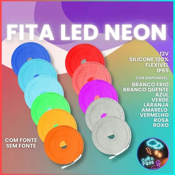 Fita Neon Led 5m Corte 2,5cm 12v Flexível Alto Brilho Silicone Luz Decorativa