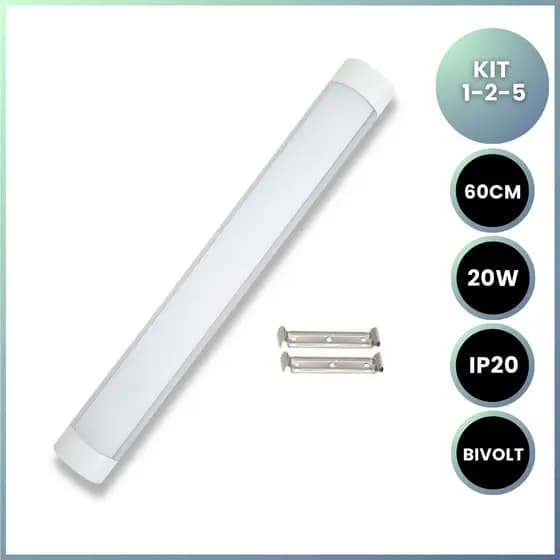 Kit Luminária Tubular Sobrepor 60cm Led Linear 18w Luz Branco Frio Unitário/ Kit 2/Kit 5