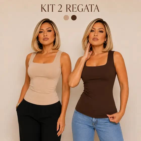 kit 2 BlusaS Regata Decote Quadrado Moda Blogueira Elegante Casual Trabalho Festa Básica Feminina Moda feminina Blusinha