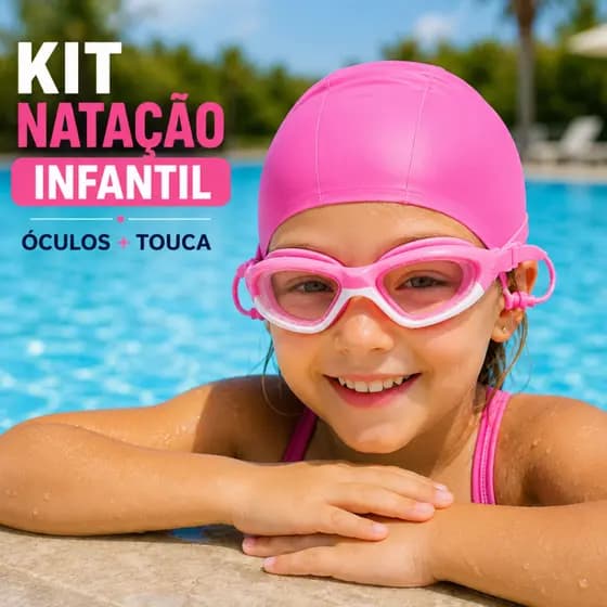 Óculos de Natação Infantil Kit com Touca Silicone Antiembaçante UV e Protetor Auricular Integrado