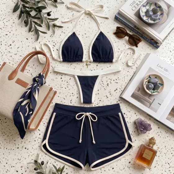 Conjunto Shorts Saida de Praia + Biquini Fita Bicolor Cortininha Pingente Coqueiro Moda Praia