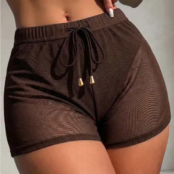 Saida de Praia Shorts de Tule com Cordão Pingente Moda Praia Liso Fresco Leve