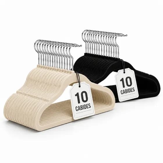 Kit 10 Cabides De Roupas Veludo Preto Bege Slim Antideslizante Adulto Ultra Fino Gancho 360°