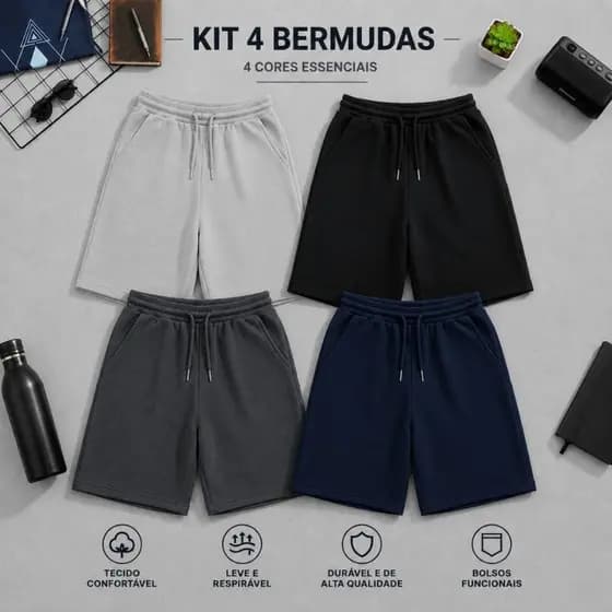 kit 4 Bermuda Moletom casual cordão de amarração Shorts Academia Treino Verão tamanhos P ao GG praia