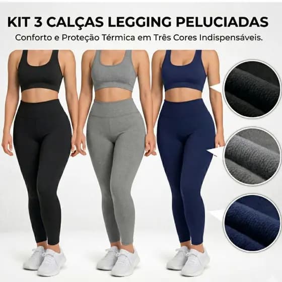 kit 3 calça legging flanelada peluciada feminina costura reforçada suplex