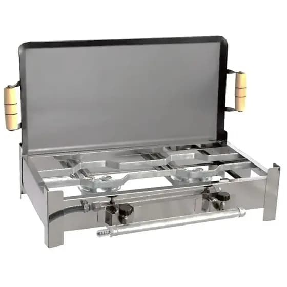 Fogão Inox Fogareiro A Gás Duas Bocas + Chapa Bife E Kit Gás