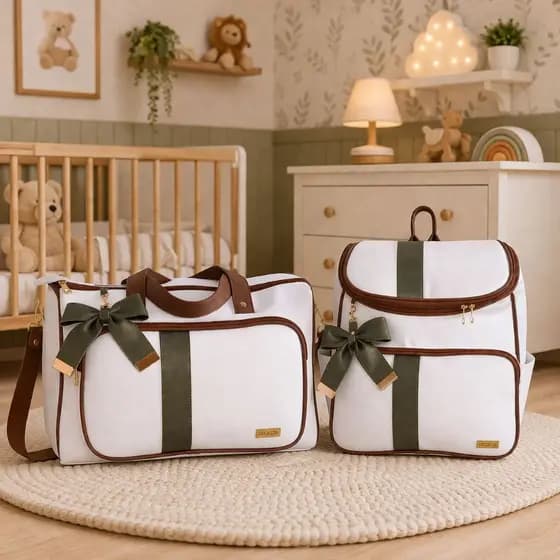 Kit Bolsa Maternidade Menino/Menina Bag e Mochila Bali Off/Marrom/Verde - 02 Peças