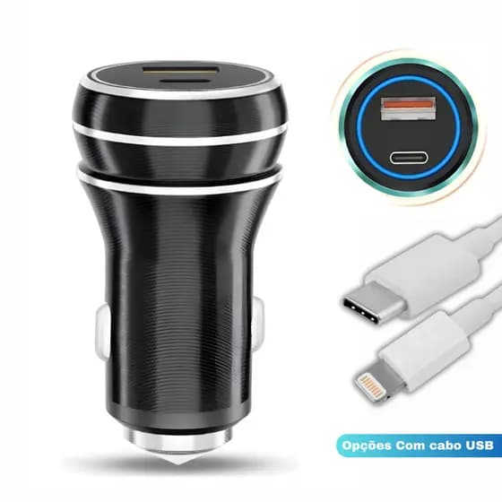 Carregador Veicular Turbo 3.4A Carregamento Rápido com Entrada USB e Tipo C Universal