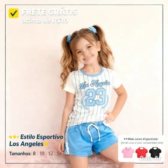 "Conjunto Infantil Menina Verão Estilo Esportivo Los Angeles 23 - Roupa Feminina Calor"