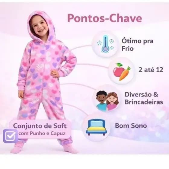 Macacão infantil inverno estilo macacão de pijama em tecido mantinha peluciado soft temos infantil e Juvenil
