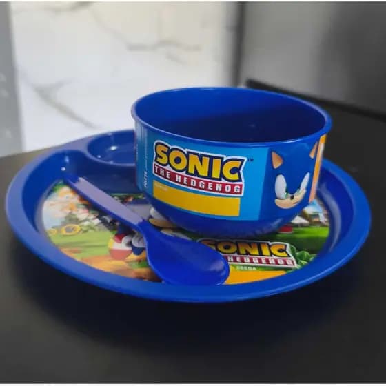 Kit Sonic Prato C/ Divisórias + Bowl C/colher Plástico Azul