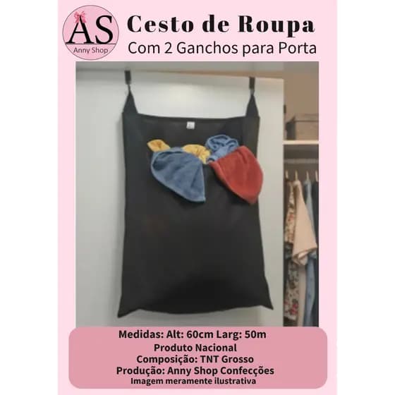 Cesto para Roupa Suja TNT de Pendura na Porta Artesanal com 2 Ganchos Capacidade 20kg Anny Shop