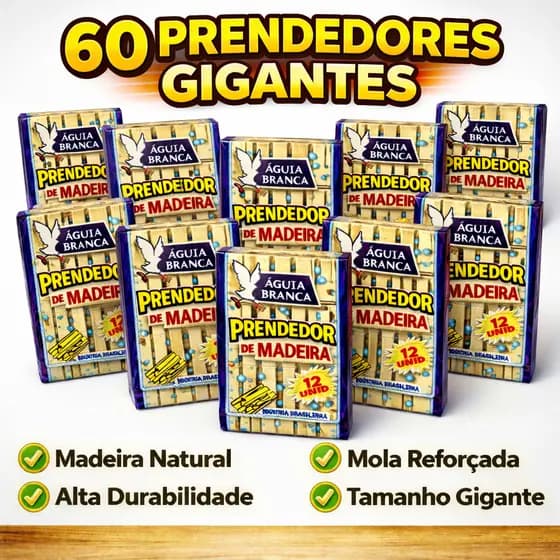 Kit 60 Prendedores de Madeira Gigante Prendedor de Roupa Reforçados Grande Águia Branca