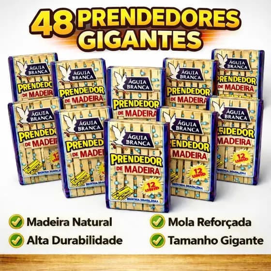 Kit 48 Prendedores de Madeira Gigante Prendedor de Roupa Reforçados Grande Águia Branca