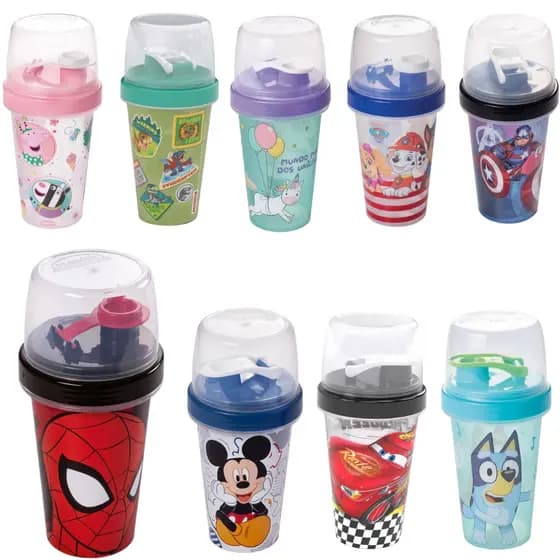 Mini Shakeira Bluey spidey peppa aranha minions Rei leão mickey Garrafa Lancheira Infantil Plasútil