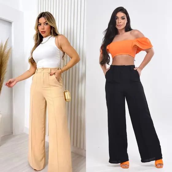 Calça Pantalona tecido Duna com elastico na cintura , wid leg pantalona