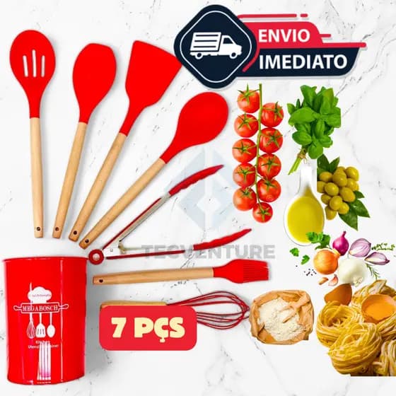 Kit 7 Utensílios de Cozinha em Silicone com Cabo de Madeira – Linha Premium