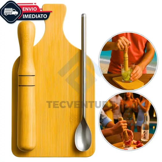 Kit Caipirinha 3 Pçs Tabua Socador De Bambu Colher De Inox Kit Barman Preparar Drinks Sakerinha
