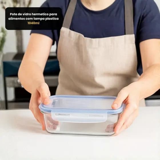 Pote de vidro hermetico para alimentos com tampa plastica 1040ml