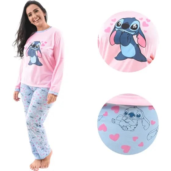 Pijama Longo Feminino Confortavel Frio Bonito Adulto Calça e Manga Comprida Linda Morena