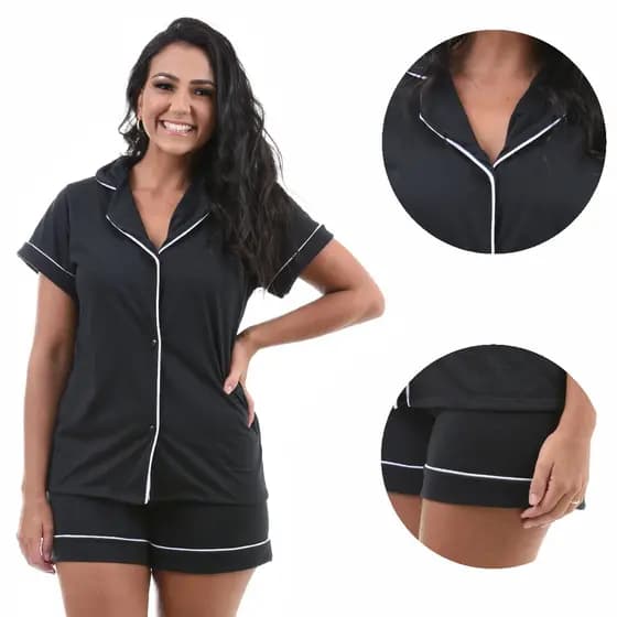 Pijama Feminino Americano Verão Gola Blogueira Blusa e Short Linda