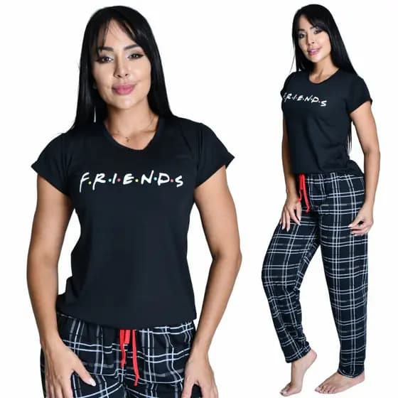 Pijama Feminino Calça e Camisa de Manga Meia estação Outono Inverno Malha Leve