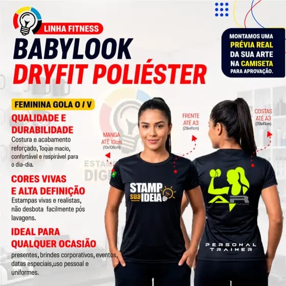 Babylook Dry Fit Poliester Personalizada - Otima para uniforme, treinos e uso dia-dia.