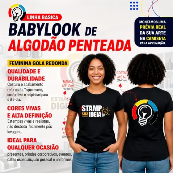 Babylook de Algodão Penteada fio 30.1 Personalizada para uniformes, eventos e uso casual.