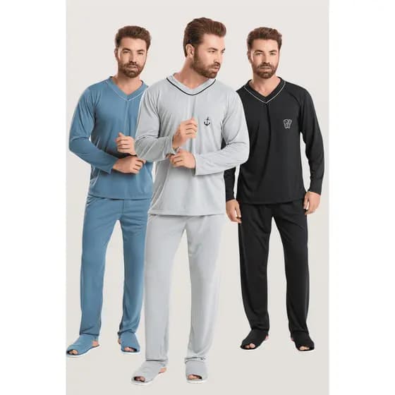 KIT 3 Pijama Longo De Inverno Masculino Adulto - Malha PV Premium