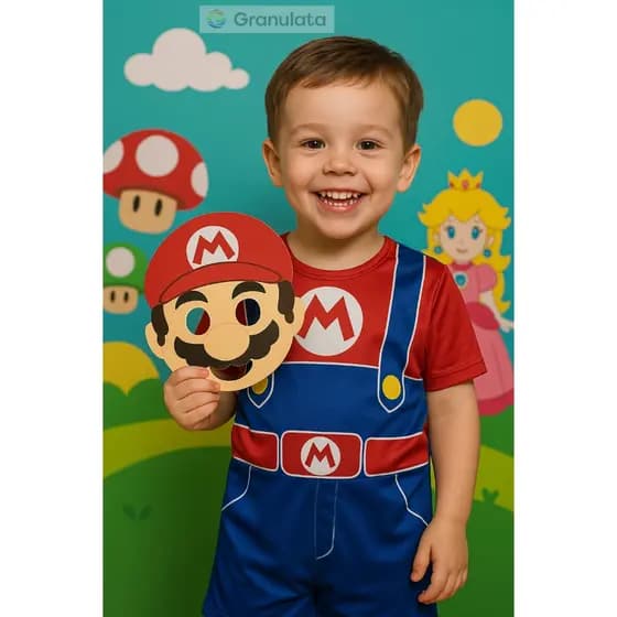 Fantasia Infantil Mario com Macacão Curto e Máscara EVA 2 a 8 Anos Aniversário Carnaval