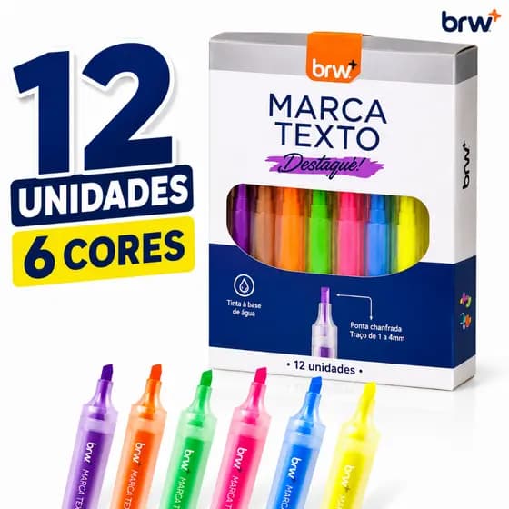 Marca Texto Fluorescente BRW Caixa Com 12 Unidades Ponta Chanfrada 1-4mm Escolar Escritório Original