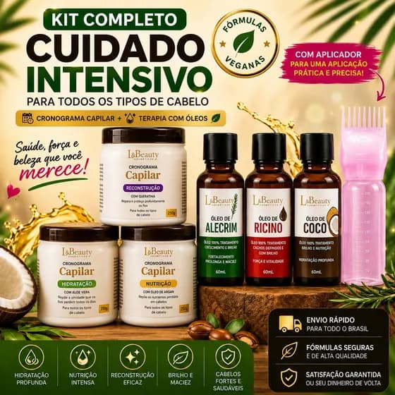 Kit Com 3 Óleos Para Terapia Capilar + Kit Com 3 Mascaras Cronograma + 1 Frasco Aplicador - L&BEAUTY