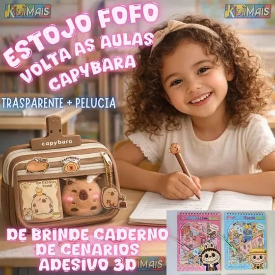 Estojo Escolar Capivara Fofo Transparente com Pelúcia Volta as Aulas com Zíper Impermeável + Brinde Cenarios Adesivo 3D