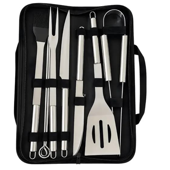 Kit Churrasco 9 Peças Inox Completo Com Estojo Utensílios - Faca Garfo Espátula Pegador Espetos