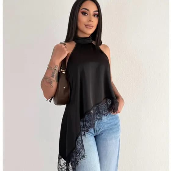Blusa Feminina Gola Alta Assim茅trica Frente 脷nica Com Renda Bata sofisticada Elegante Tend锚ncia Inverno