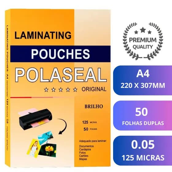 Polaseal A4 220x307 0.05 - Plástico Para Plastificação Pouch Film 125 micras 50 Folhas