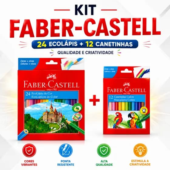 Kit Lápis De Cor Faber Castell Escolar 24 Cores com Canetinha Hidrográfica 12 Cores Faber Castell