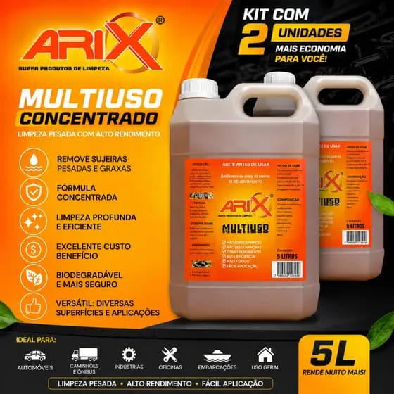 Kit 2 Unidades Desengraxante Arix Multiuso Biodegradável Limpeza Pesada - 5 Litros Cada Galão