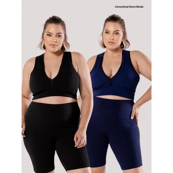 Kit 2 Conjuntos Academia Feminino Ciclista Plus Size Top Short Moda Fitness Suplex Carnaval