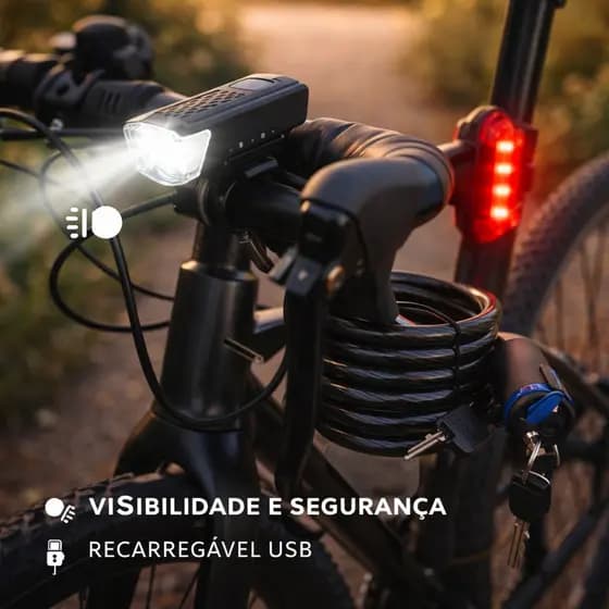 Kit 1 Bike Cadeado Farol Lanterna Seguranca USB Led