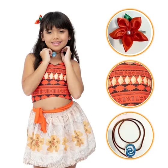 Conjunto Fantasia Moana Princesa Das Ondas 2 Infantil Com Colar E Presilha Look Para Aniversario