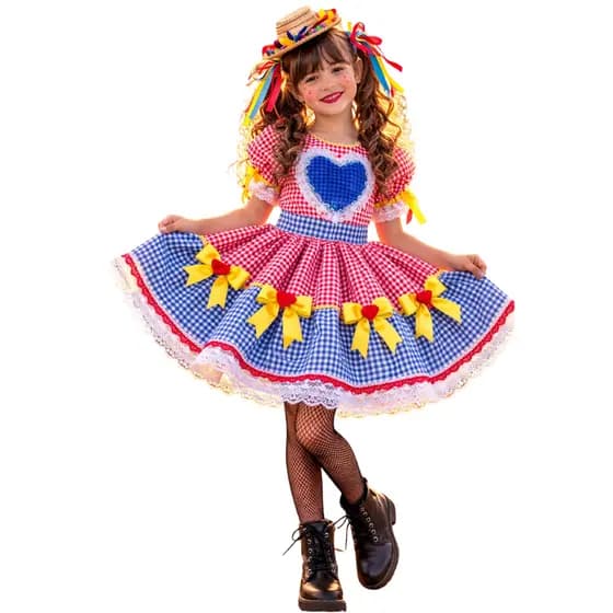 Vestido Caipira Junino Infantil São João Quadriculado Vermelho e Azul 0050I Envio Já Super Confortável