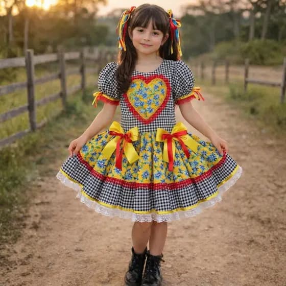 Vestido Caipira Infantil Luxo Preto Florido Rodado Menina Festa Junina Super Confortável Encantador