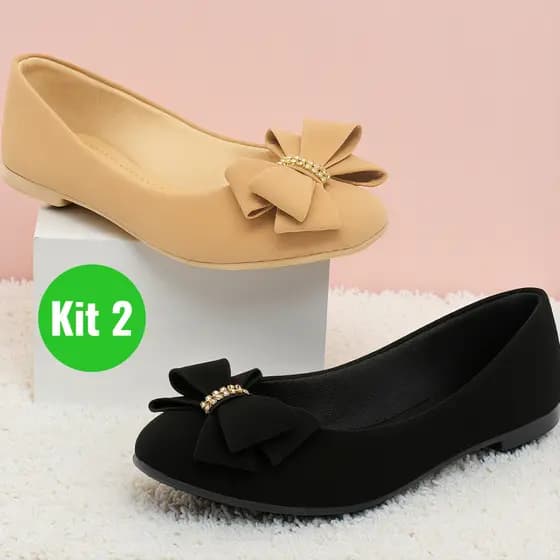 Kit 2 Pares Sapatilha Feminina com Laço Confortável Casual Sapato Bico Fino Macio