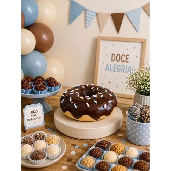 Decoração Donut, rosquinha chocolate com confeitos, enfeite mesa aniversário, doces decorativos em gesso