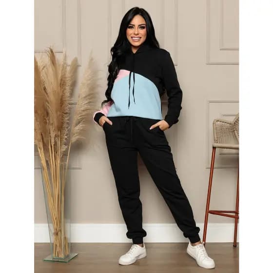 Conjunto De Moletom Feminino Combinado Agasalho De Frio Bolsos Frontais