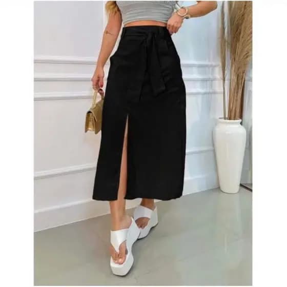 SAIA FEMININA MIDI LINHO MODA EVANGÉLICA COM CINTO NO MATERIAL DO TECIDO CINTURA ALTA