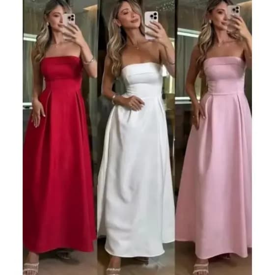 Vestido Longo Tomara que Caia Alfaiataria Amarração atrás Com Bojo
