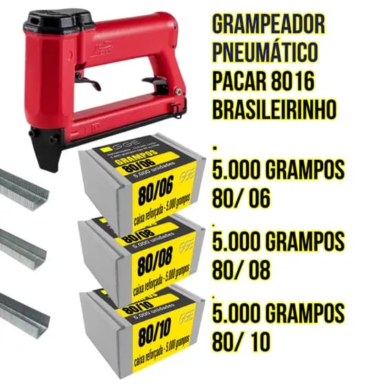 Grampeador Pneumático Pacar + Grampos 80/06, 80/08 E 80/10