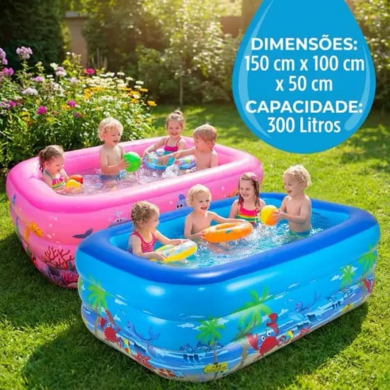 Piscina Inflável Retangular Infantil 3 Anéis 150cm 300 Litros
